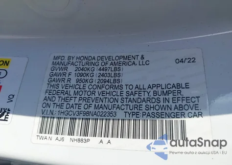 2022 Honda Accord Hybrid Touring z USA, uszkodzony, nr VIN 1HGCV3F98NA022353
